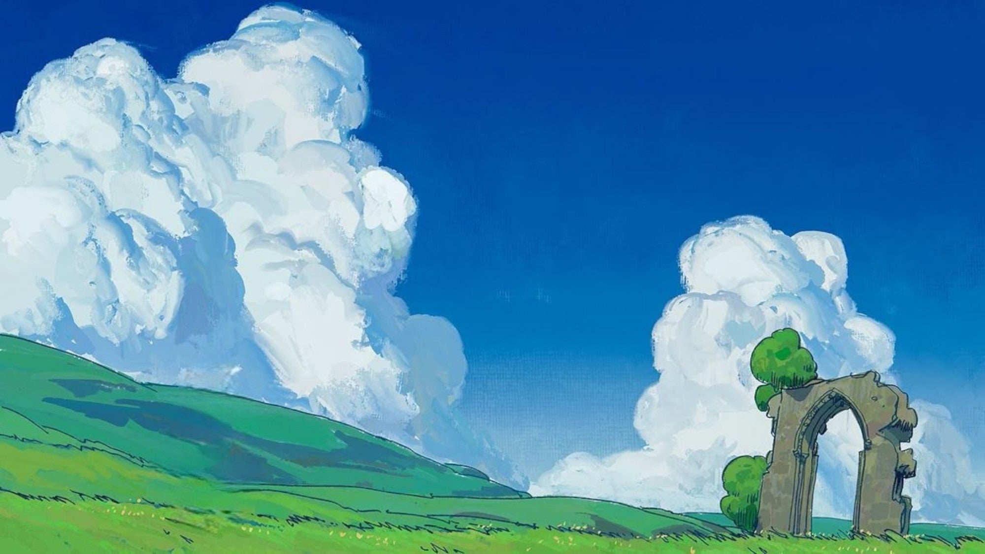 Scenic landscape with green fields, a blue sky, and a stone archway.