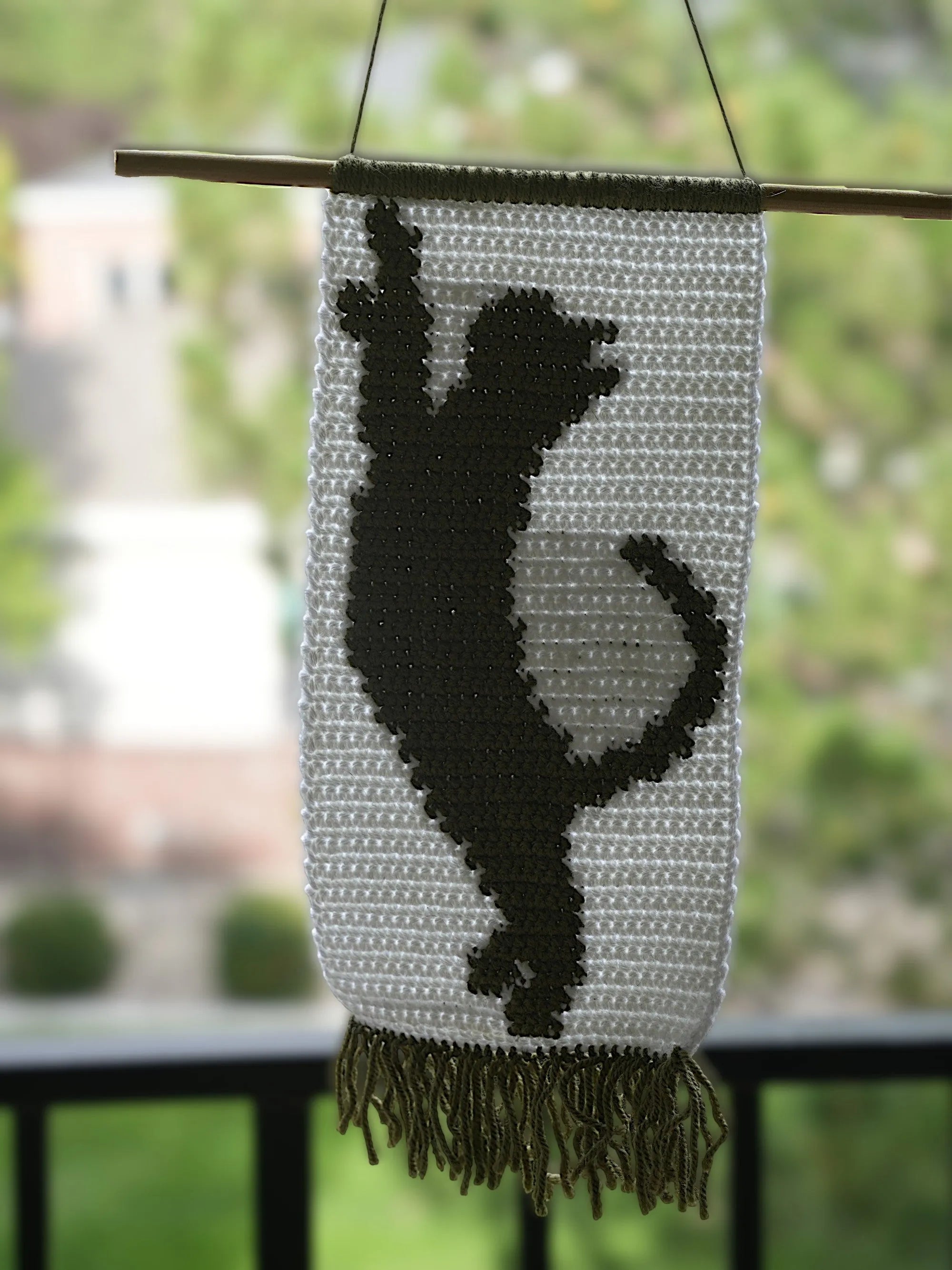 A crocheted wall hanging with the silhouette of a climbing cat in dark yarn on a light background, featuring fringe at the bottom.